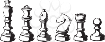 Complete set of chess pieces lined up in a row from king down to pawn, black and white hand-drawn doodle illustration