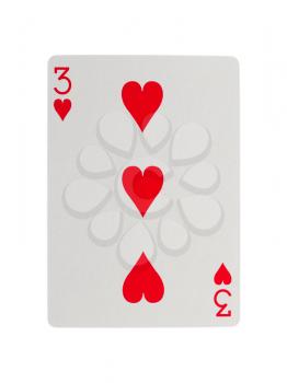 Old playing card (three) isolated on a white background