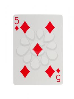 Old playing card (five) isolated on a white background