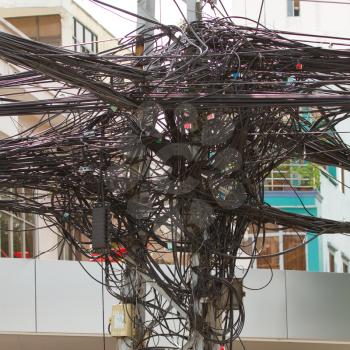 A tangle of cables and wires in Saigon, Vietnam