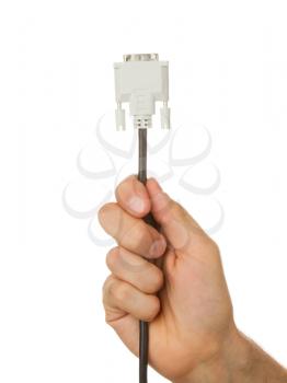 Hand holding a cable used for computers, isolated onwhite