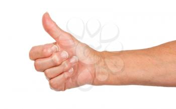 Old woman with arthritis giving the thumbs up sign, isolated on white