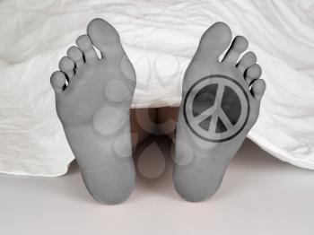 Dead body under a white sheet, concept of sleeping or death, peace symbol