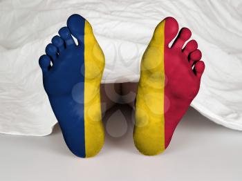 Feet with flag, sleeping or death concept, flag of Chad