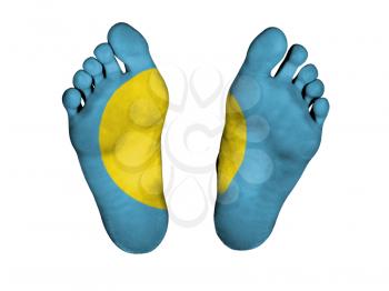 Feet with flag, sleeping or death concept, flag of Palau
