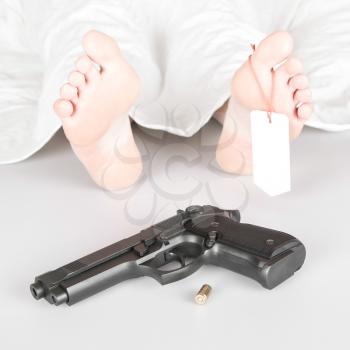 Woman murdered or committed suicide, under a sheet with a toe tag
