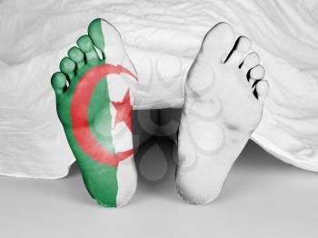 Dead body under a white sheet, flag of Algeria