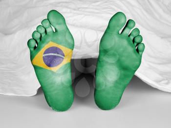 Dead body under a white sheet, flag of Brazil