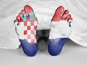 Dead body under a white sheet, flag of Croatia
