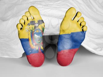 Dead body under a white sheet, flag of Ecuador