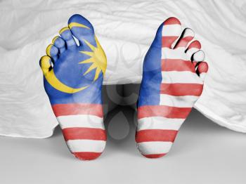 Dead body under a white sheet, flag of Malaysia