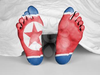 Dead body under a white sheet, flag of North Korea