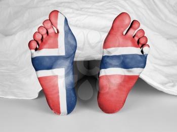 Dead body under a white sheet, flag of Norway