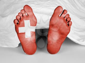 Dead body under a white sheet, flag of Switzerland