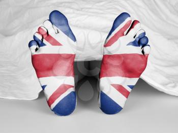 Dead body under a white sheet, flag of The UK