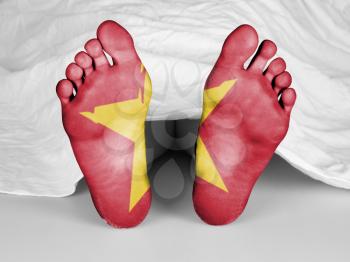Dead body under a white sheet, flag of Vietnam