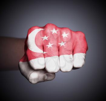 Front view of punching fist on gray background, flag of Singapore