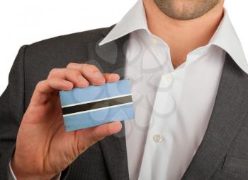 Businessman is holding a business card, flag of Botswana