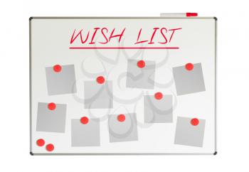 Wish list with empty papers and magnets on a whiteboard, isolated on white
