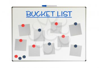 Bucket list with empty papers and magnets on a whiteboard, isolated on white