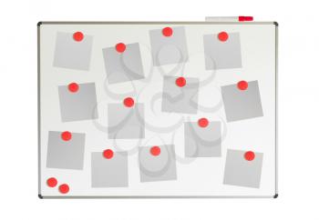Whiteboard with papers and magnets, isolated on white