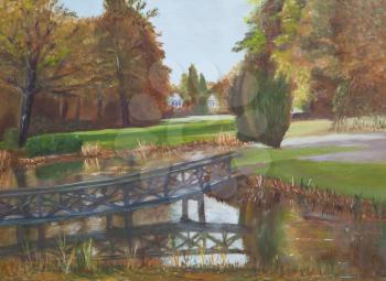 Painting of a wooden bridge in nature