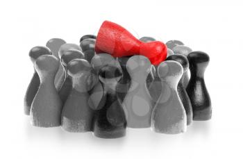 Red pawn is crowdsurfing over a collection of different colors of pawns