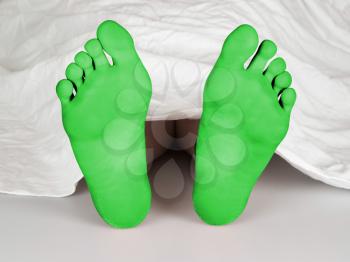 Body under a white sheet, suicide, sleeping, murder or natural death, green feet