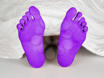 Body under a white sheet, suicide, sleeping, murder or natural death, purple feet