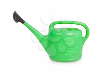 Old green garden watering can isolated on a white background
