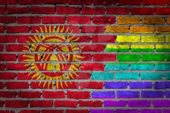 Dark brick wall texture - coutry flag and rainbow flag painted on wall - Kyrgyzstan