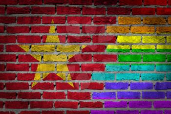 Dark brick wall texture - coutry flag and rainbow flag painted on wall - Vietnam