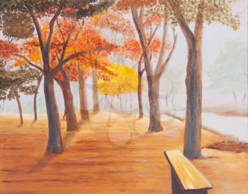 Landscape painting showing beautiful sunny autumn day in a park