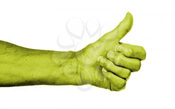 Old woman with arthritis giving the thumbs up sign, yellow skin