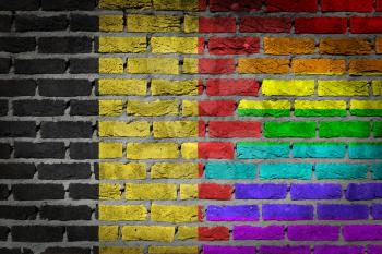 Dark brick wall texture - coutry flag and rainbow flag painted on wall - Belgium