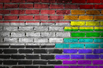 Dark brick wall texture - coutry flag and rainbow flag painted on wall - Yemen