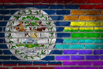 Dark brick wall texture - coutry flag and rainbow flag painted on wall - Belize