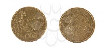 Fifty euro cent on white background, front and back