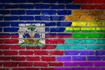 Dark brick wall texture - coutry flag and rainbow flag painted on wall - Haiti