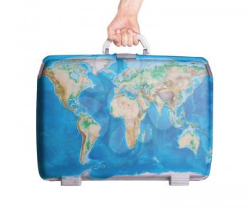 Used plastic suitcase with stains and scratches, world map