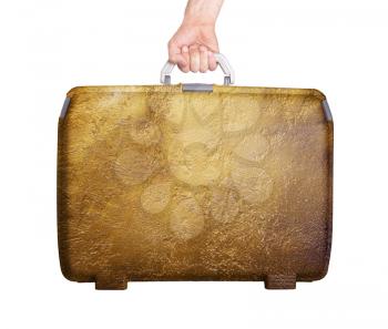 Used plastic suitcase with stains and scratches, gold