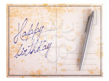 Old paper postcard, isolated on white - Happy birthday