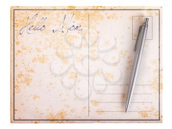 Old paper postcard, isolated on white - Hello mom