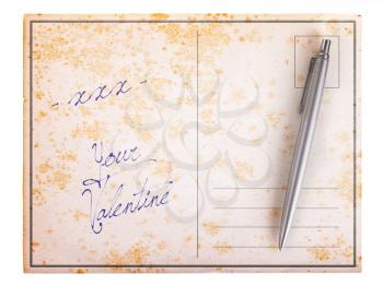 Old paper postcard, isolated on white - xxx your valentine