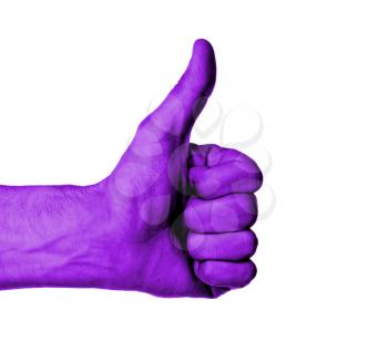 Closeup of male hand showing thumbs up sign against white background, purple skin