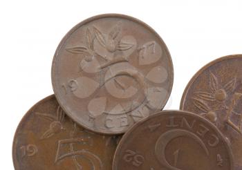 Old 5 euro cent coins, isolated on white, selective focus