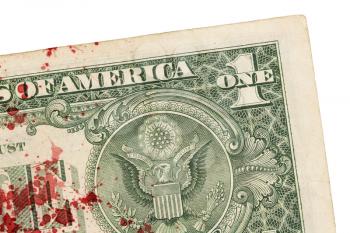 US one Dollar bill, close up photo, blood