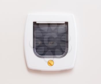 Inside view of a regular white cat flap on a light door, cat comming through