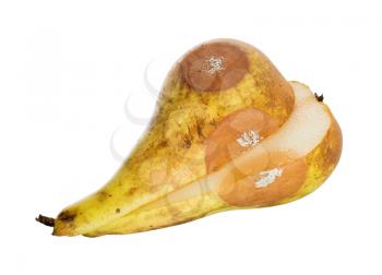Close up of a pear with white area of fungus growing on it, isolated on white, selective focus