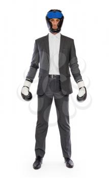 Businessman in boxing gloves isolated on white